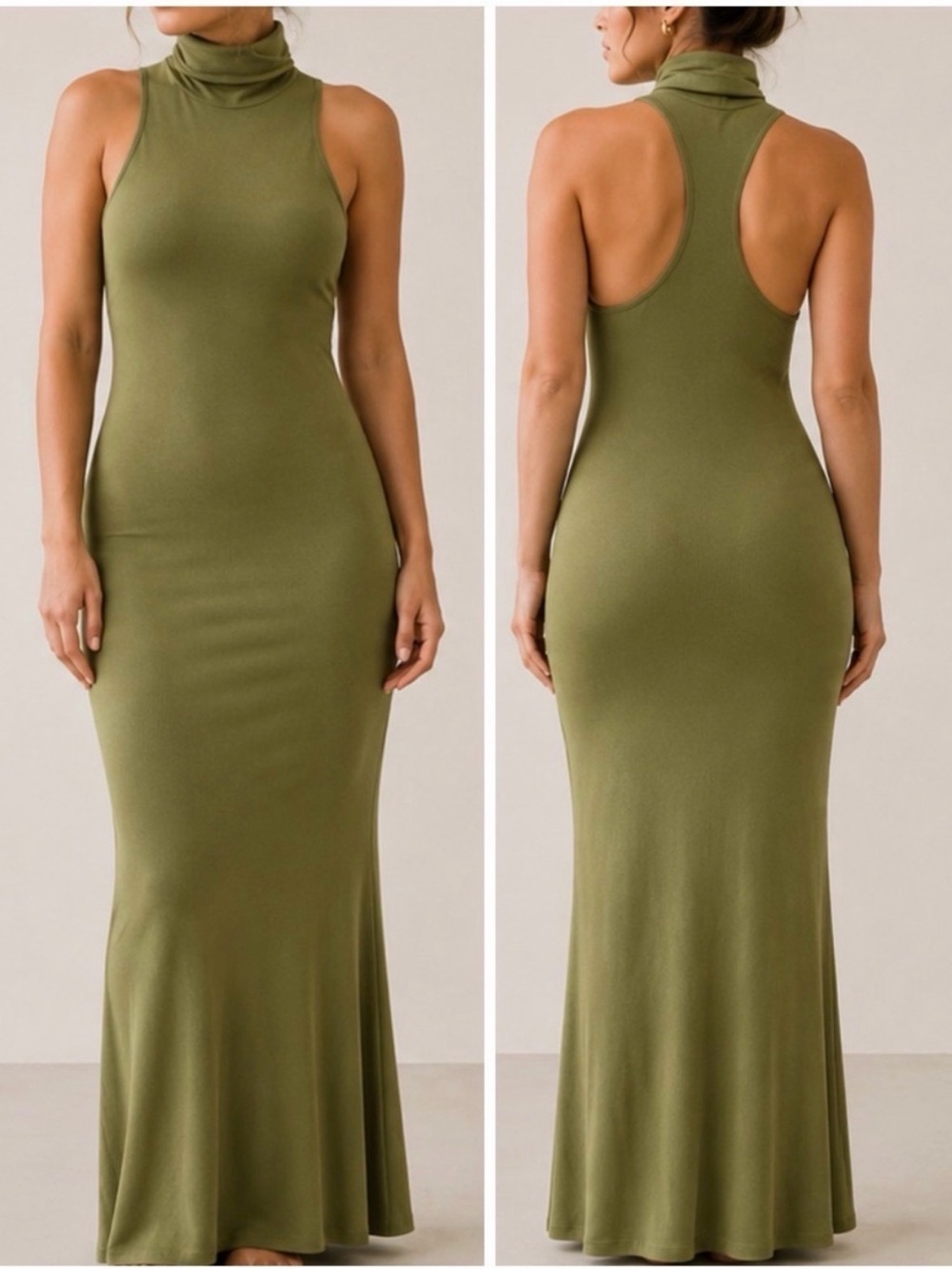 Riot Swim Maeve Maxi Dress Olive Green Sleeveless Turtleneck Maxi Dress NWT